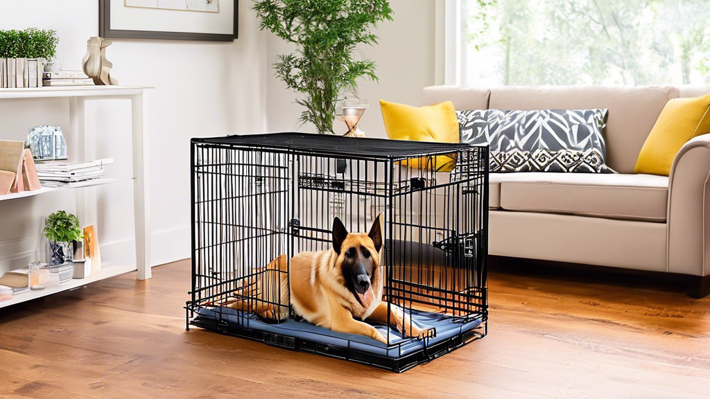Create an image of a spacious, heavy-duty XL dog crate designed for large breeds. The crate should be made of sturdy, high-quality materials with reinforced corners and secure locks. Place a large, co