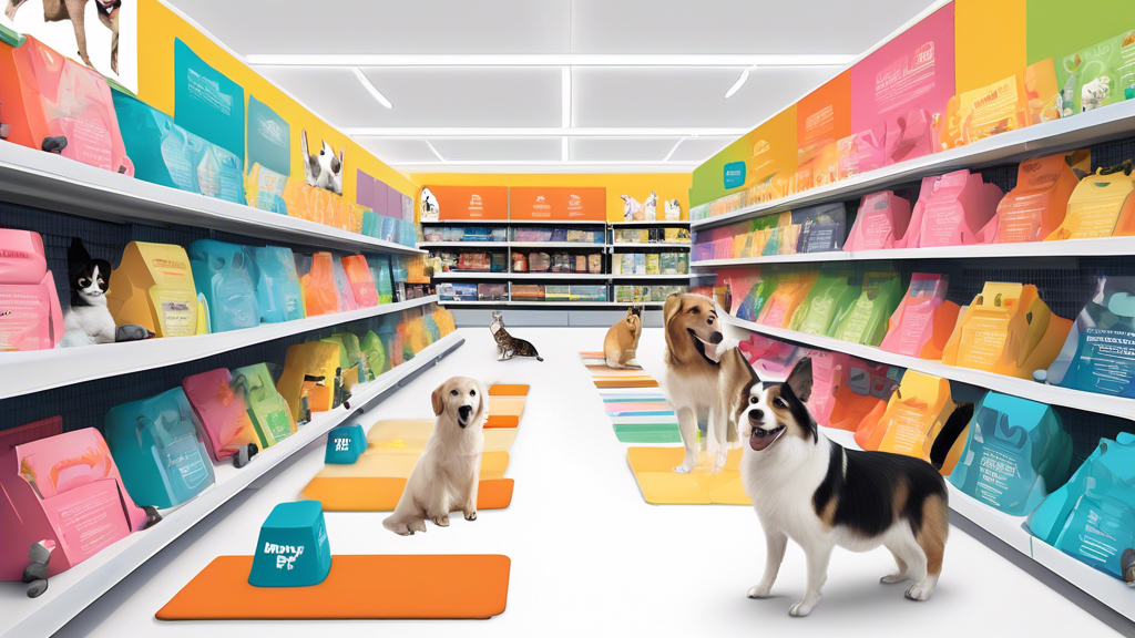 Create an image of diverse training pads arranged in a pet store aisle. Include different sizes, colors, and materials with illustrations of happy dogs and cats nearby. Display informational signs hig