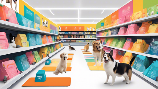 Create an image of diverse training pads arranged in a pet store aisle. Include different sizes, colors, and materials with illustrations of happy dogs and cats nearby. Display informational signs hig
