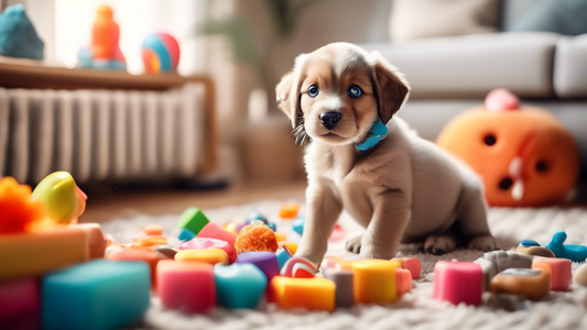 A heartwarming scene of a cute teething puppy surrounded by a variety of colorful and safe chew toys, in a cozy and well-lit living room with soft furniture and a fireplace in the background. The pupp