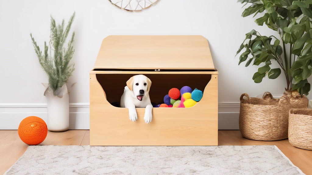 Create an image that depicts a well-organized and aesthetically pleasing dog toy box. The box should be neatly labeled and filled with a variety of colorful and engaging dog toys, such as balls, chew 
