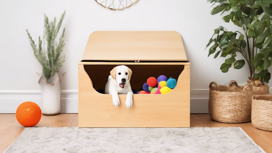Create an image that depicts a well-organized and aesthetically pleasing dog toy box. The box should be neatly labeled and filled with a variety of colorful and engaging dog toys, such as balls, chew 