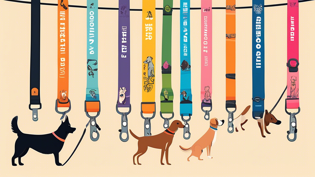 Create an illustration of a diverse selection of dog leashes in various colors, lengths, and styles displayed neatly on a wall. Show different breeds and sizes of dogs happily being held by their owne