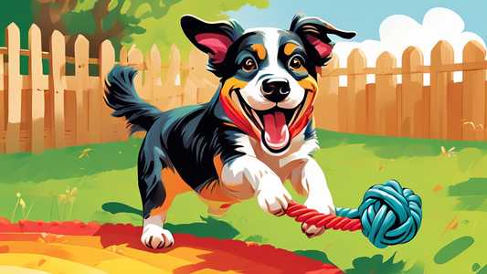Create an image of a happy dog playing with a vibrant, sturdy Kong rope toy in a bright, cheerful backyard setting. Highlight the dog's energetic and joyful demeanor, showcasing various playful poses 