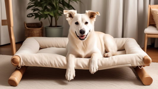 Create an image of a happy dog comfortably lounging on a raised dog cot in a cozy home setting. The cot should have a sturdy frame and a comfortable fabric surface. Surroundings should include soft li