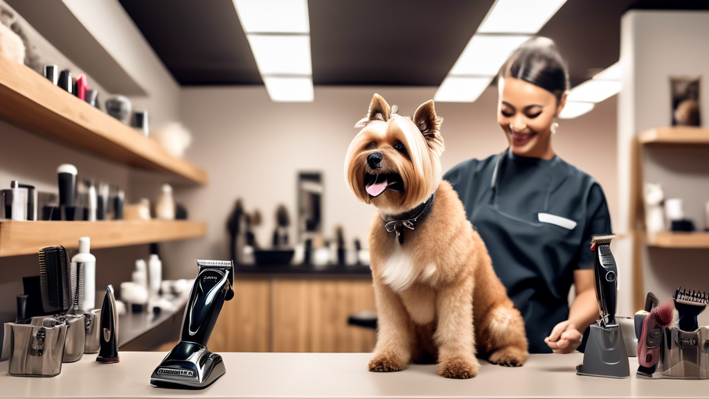 Create an image showcasing a peaceful, well-lit pet grooming salon with a variety of top-quality dog clippers prominently displayed. In the foreground, a stylish, happy dog is being groomed by a profe