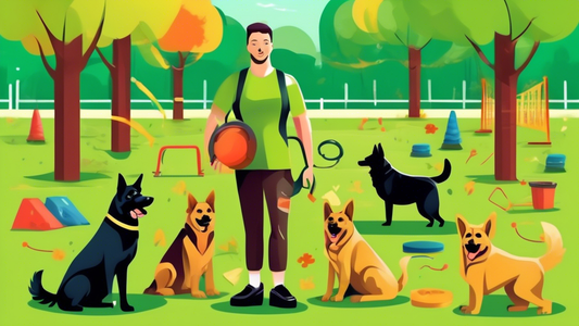 Create an image of a professional dog trainer in a vibrant green park, using positive reinforcement techniques with a happy and focused German Shepherd. Include various training equipment like clicker