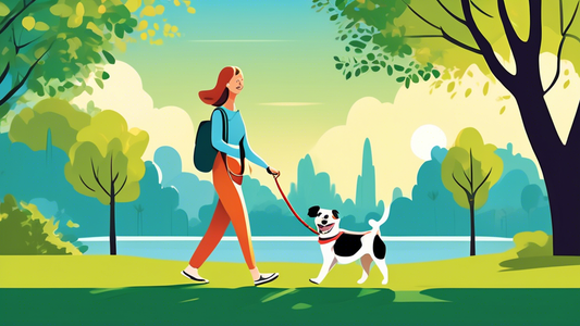 Create an image of a happy dog wearing a Halti leash, being walked by its owner in a scenic park. The dog looks comfortable and well-behaved, while the owner appears relaxed and in control. Include lu