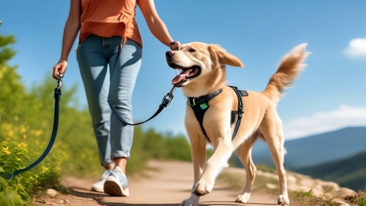 Create an image of a happy, active dog being walked on a scenic trail using a double handle dog leash. The dog's owner confidently holds the leash with one hand near the end and the other close to the