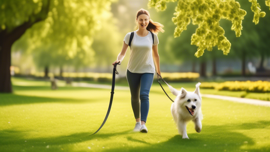 Create an image of a person in a picturesque park, skillfully training their enthusiastic dog using a long lead. The dog is attentively following commands, demonstrating obedience and focus. The scene