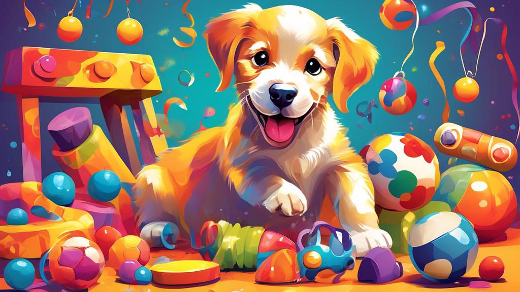 Create an image of a playful puppy joyfully interacting with an array of vibrant and engaging toys. Include a variety of toys such as squeaky bones, chew rings, plush animals, and colorful balls scatt