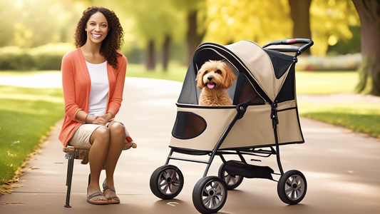 Create an image of a happy dog sitting comfortably in a stylish PetSmart dog stroller. The scene is set in a sunny park with a cheerful owner pushing the stroller along a path lined with trees and flo