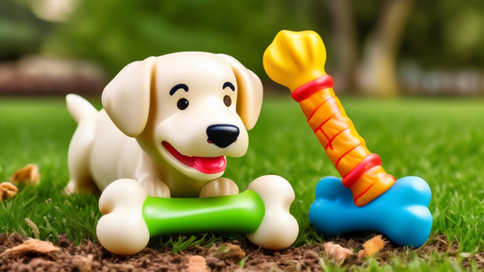 Create a highly detailed and vibrant image of a Hartz Dura Play Bone toy in a playful, outdoor setting. Show a happy dog, possibly a Labrador or Golden Retriever, joyfully playing with the brightly co
