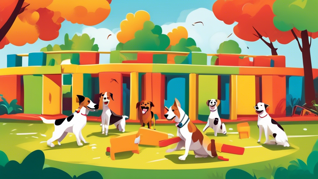 Create an image of a joyful and dynamic dog training academy environment where dogs of various breeds are engaged in fun and interactive training activities with enthusiastic trainers. Highlight eleme
