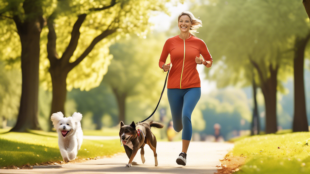 Create an image of an active pet owner running through a park with their dog using a hands-free dog leash. The person should have the leash strapped around their waist, smiling as they jog, while the 