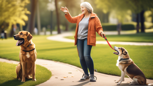 Create an image showing a peaceful suburban park scene where a dog trainer calmly manages a reactive dog on a leash. The trainer uses positive reinforcement techniques, holding a few treats in one han