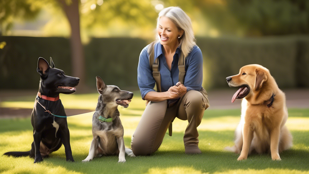 Create an image that showcases a professional dog trainer from Beckman Dog Training skillfully interacting with different breeds of dogs in a serene outdoor setting. The image should capture moments o
