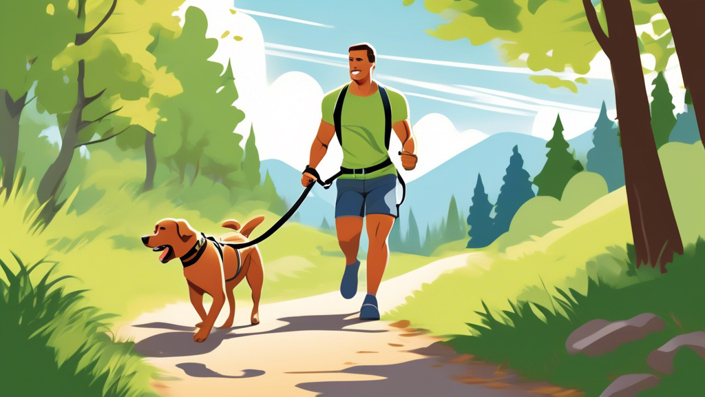 An energetic, muscular dog on a trail walk, pulling eagerly on a sturdy, heavy-duty dog lead. The lead features robust metal clasps and reinforced stitching, showing its strength and durability. The s