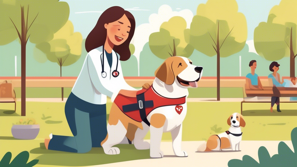 Create a heartwarming and informative illustration featuring a therapy dog being trained. The scene should include a calm and friendly dog with an identification vest, a patient and smiling trainer us