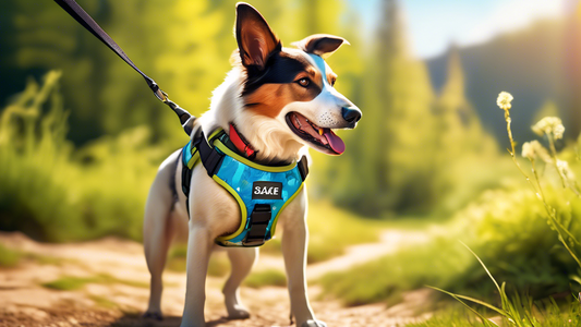 Create an image of a happy, active dog wearing a high-quality, ergonomic dog harness labeled Saker. The scene is set in a picturesque outdoor environment with vibrant greenery, a sunny sky, and the do