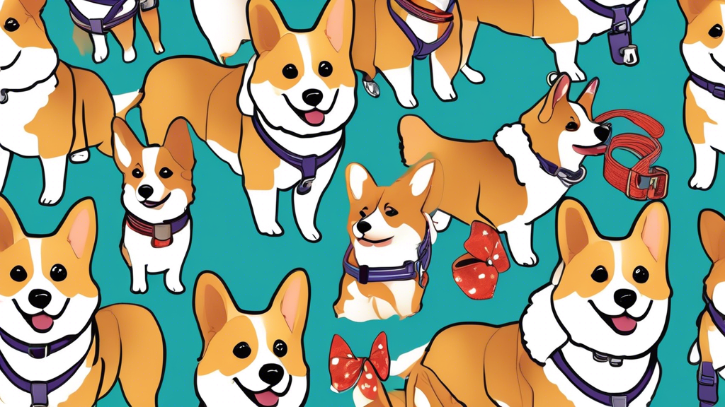 Create an image showcasing a variety of harnesses specifically designed for Corgis. Display a few adorable Corgis wearing harnesses in different settings, such as a park, a city street, and a cozy hom