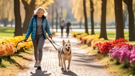 A friendly dog walking with its owner in a sunny park, attached to a long training lead. Various types of training leads are displayed on a nearby bench, showing differences in length, material (nylon