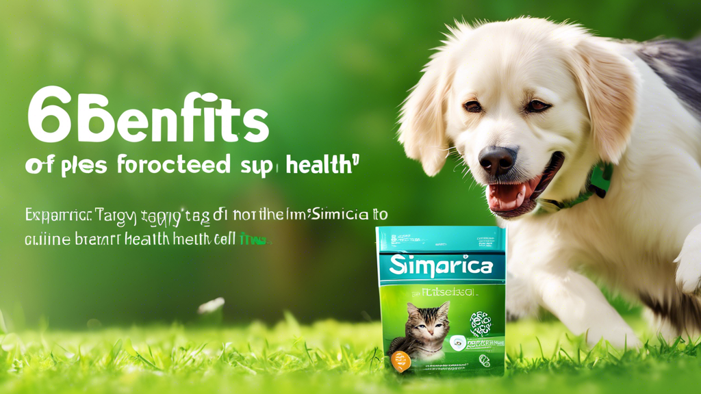 A happy dog and cat in a vibrant, green backyard, playing together while showcasing a box of Simparica Trio. The product box is labeled '6-Month Supply for Pet Health.' The scene exudes health and ene