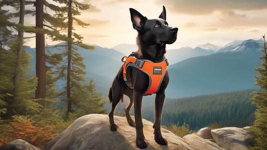 Create an image of a rugged, adventurous dog wearing the Ruffwear Webmaster harness, showcasing its durability and support. The scene should be set in a picturesque outdoor location, such as a mountai