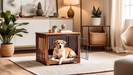 An image of a cozy, stylish dog crate in a beautifully decorated living room, with a cute, happy dog inside. The crate is made from high-quality wood with intricate patterns and elegant design, fittin