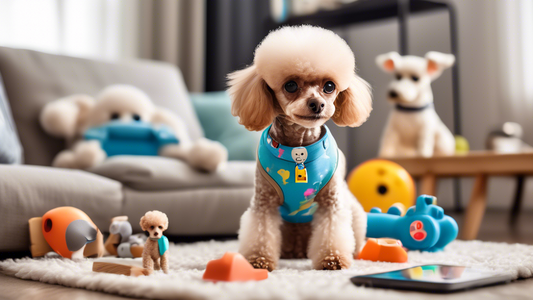 An adorable teacup poodle sitting in a comfy, modern living room, surrounded by playful toys. Around the poodle are several digital tools, like a tablet and a smartphone, showcasing maps and listings 