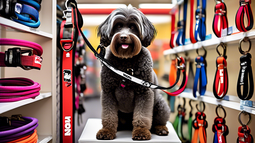 Create a detailed, high-quality image featuring a variety of Kong dog leashes in different colors, sizes, and styles displayed on a pet store shelf. Showcase a happy, energetic dog wearing a sturdy an