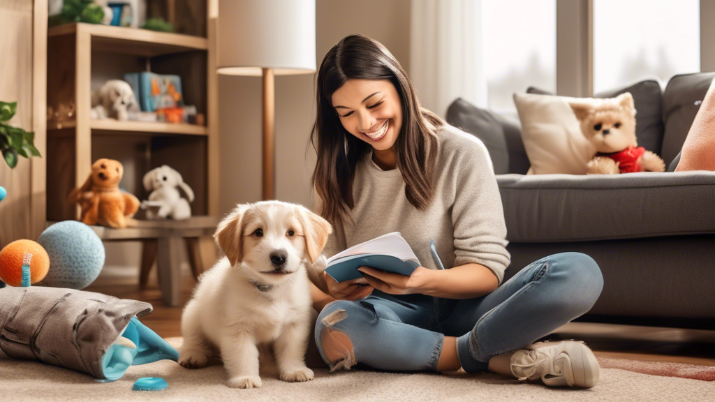 Create an adorable image of a cheerful new dog owner sitting in a cozy living room environment, surrounded by essential puppy care items like a dog bed, toys, food and water bowls, and a leash. The pe