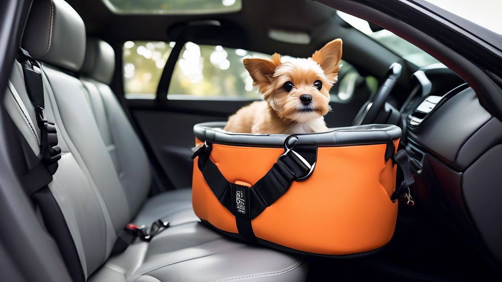 Create an image showcasing a content and secure pet (dog or cat) comfortably sitting in a car, strapped into a sleek and robust Sleepypod car harness. The interior of the car should look modern and cl