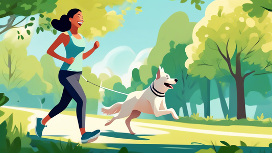 Create an image of a person jogging in a scenic park with their dog happily trotting beside them, both connected by a modern, handsfree leash. The person looks relaxed and carefree with their hands sw
