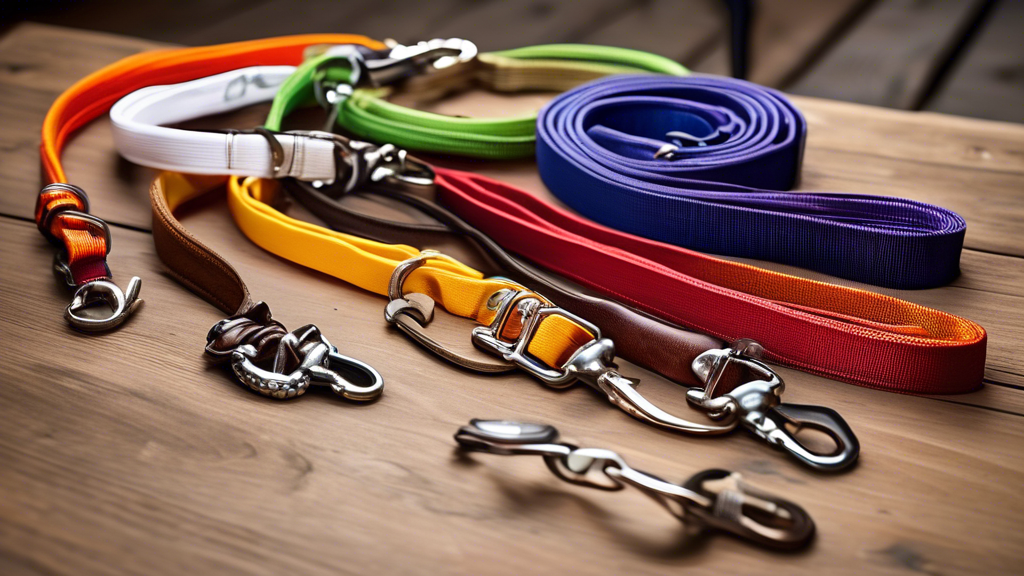 Create an image that features a close-up of a variety of heavy-duty dog leashes displayed on a wooden table. Some leashes should be made of durable materials like nylon, leather, and chain, in differe