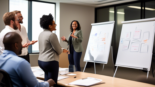 Create an image of a diverse group of professional individuals engaged in a dynamic leadership training workshop. The setting should include modern office elements such as whiteboards, laptops, and pr
