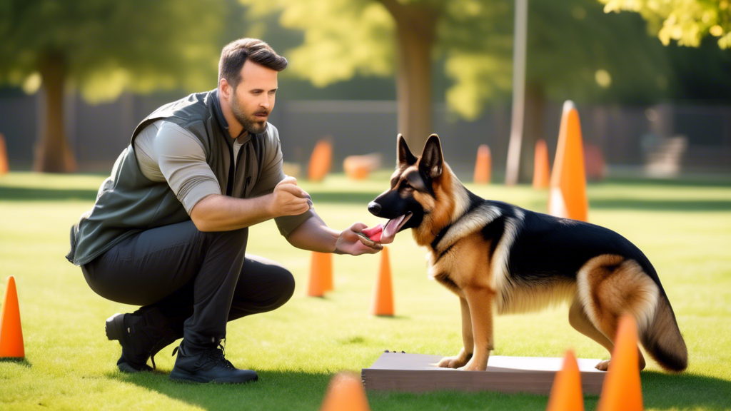 Create an image of a professional dog trainer in an outdoor park setting, demonstrating effective k9 training techniques with a German Shepherd. The trainer uses positive reinforcement, with treats an