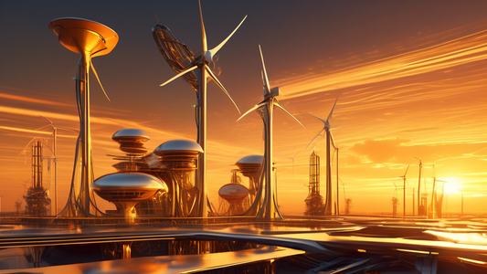 A futuristic landscape featuring advanced, sleek structures with continuous energy-harnessing systems, such as wind turbines, solar panels, and kinetic energy machines, working seamlessly together. Th