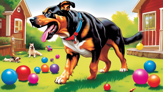 Create a detailed image of a happy large dog playing with various types of Kong toys in a spacious backyard. Include different Kong toy varieties such as the classic Kong, Kong Wobbler, and Kong Ball,