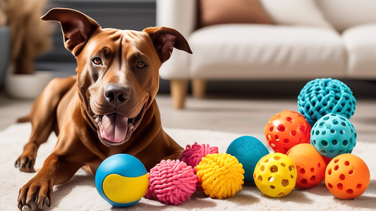 Create an image featuring a variety of durable and highly resilient dog toys specifically designed for heavy chewers. Include diverse breeds of dogs actively engaging with the toys, such as Pit Bulls,