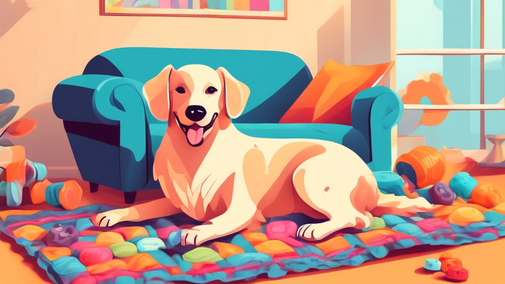 A cozy living room with a happy dog lying on a soft and colorful affordable blanket, surrounded by dog toys and treats, with the caption 'Affordable Dog Blankets for Your Furry Friend'.