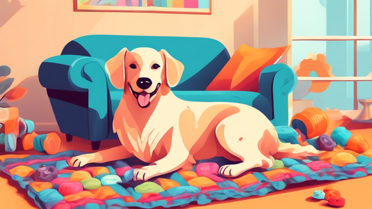 A cozy living room with a happy dog lying on a soft and colorful affordable blanket, surrounded by dog toys and treats, with the caption 'Affordable Dog Blankets for Your Furry Friend'.