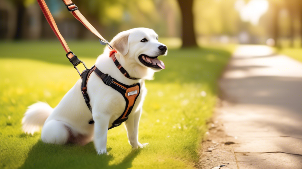 Create an image showcasing a happy, relaxed dog wearing a durable, no-pull harness during a sunny outdoor walk. The harness should appear comfortable and secure, with chew-resistant materials. Depict 