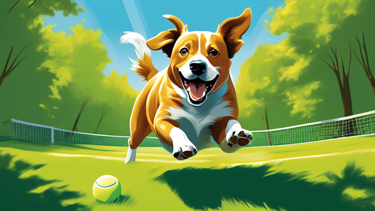 Create an image of a playful dog in a sunny park, joyfully chasing a giant tennis ball that's bigger than the dog itself. Make the background filled with green grass, trees, and a clear blue sky to gi