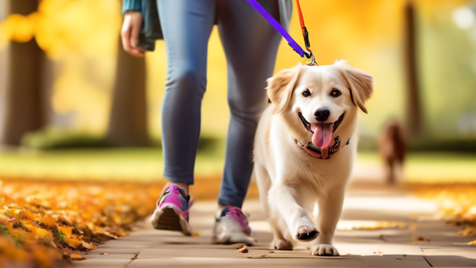 Create an image of a happy dog owner walking their well-behaved dog in a park. The dog is wearing a high-quality, brightly colored no-pull leash that's designed for training. The leash is visibly effe