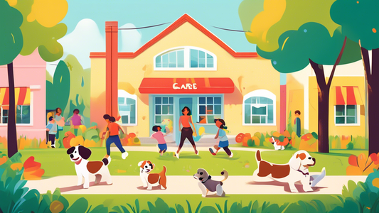 An idyllic neighborhood scene with a bright, cheerful puppy kindergarten. The building has colorful signage and playful decorations. Outside, happy puppies are frolicking in a secure, grassy play area
