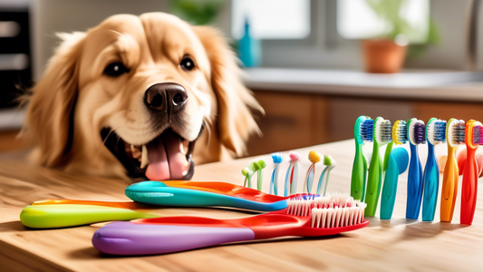 A colorful and inviting image showing a variety of toothbrushes designed specifically for dogs, displayed on a wooden countertop. Each toothbrush has unique features, such as different sizes, shapes, 