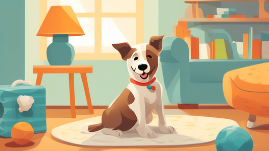 Create an image of a cheerful dog wearing a comfortable, well-fitted diaper in a cozy living room setting. Show the dog playing with a toy to emphasize comfort and convenience. Include happy pet owner