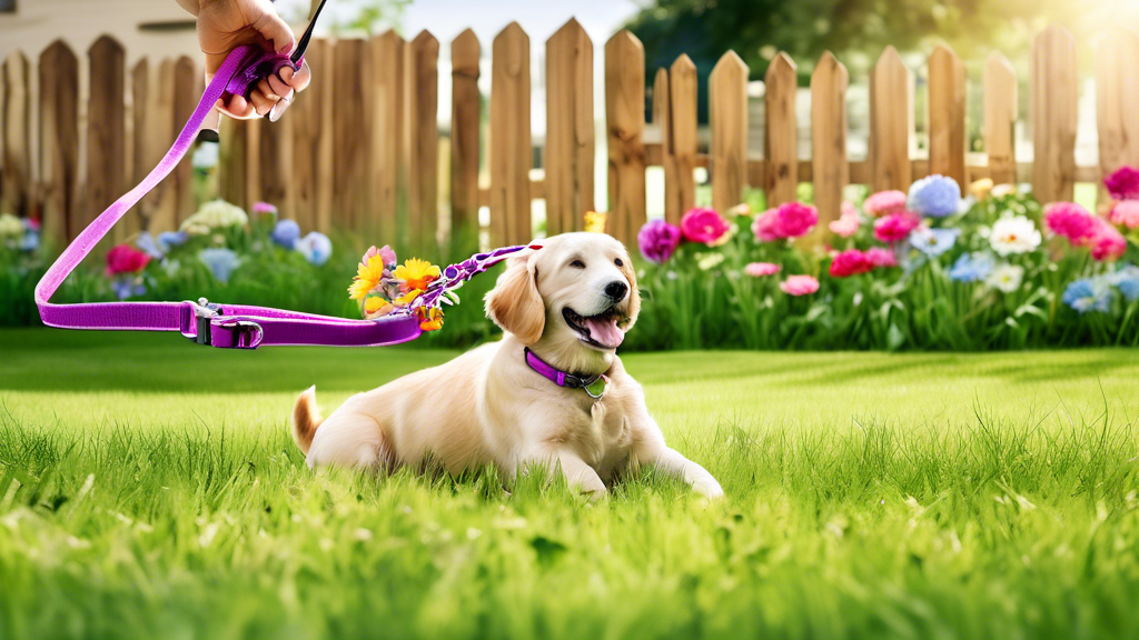 **Prompt:** A vibrant backyard scene showcasing a variety of long dog leashes hanging from a wooden fence. Each leash is a different color and style, tailored for various dog sizes and activities. In 