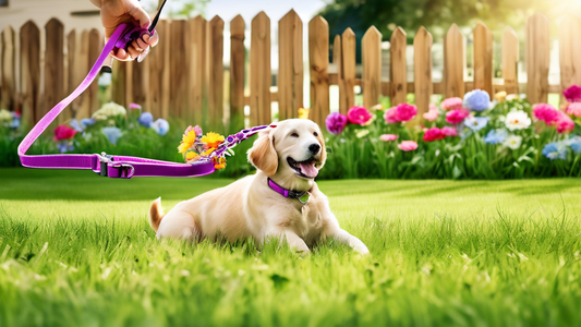 **Prompt:** A vibrant backyard scene showcasing a variety of long dog leashes hanging from a wooden fence. Each leash is a different color and style, tailored for various dog sizes and activities. In 